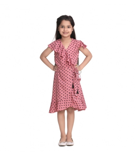 Generic Girl's Polyester Crepe Printed Flutter V-Neck Dress (Pink)