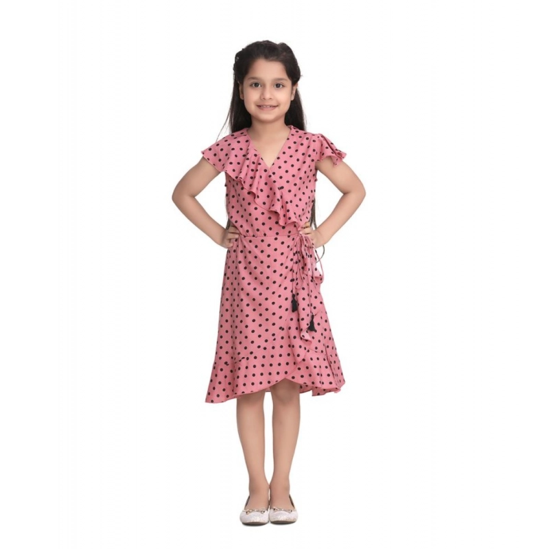 Girl's Polyester Crepe Printed Flutter V-Neck Dress (Pink)