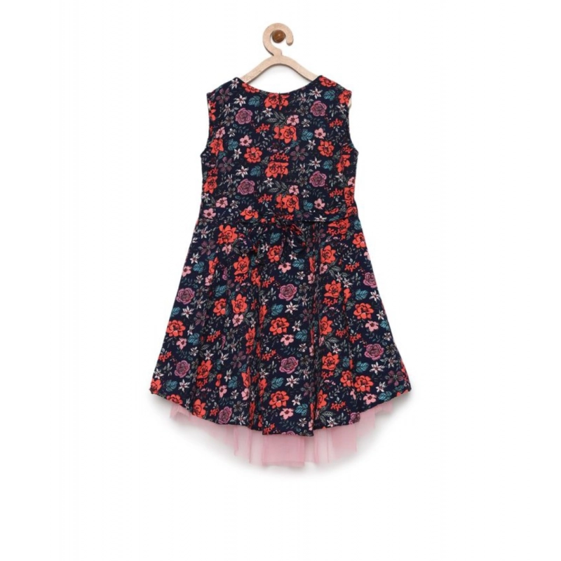 Girl's Polyester Crepe Embellished Sleeveless Round Neck Dress (Multicolor)