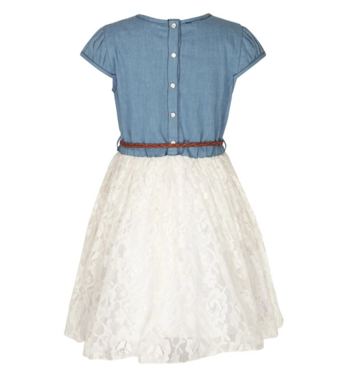 Generic Girl's Denim Embroidery Short Sleeve Round Neck Dress (White)