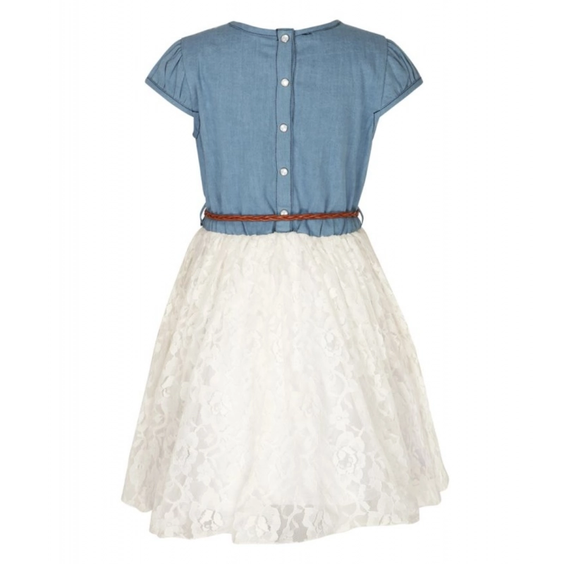 Girl's Denim Embroidery Short Sleeve Round Neck Dress (White)