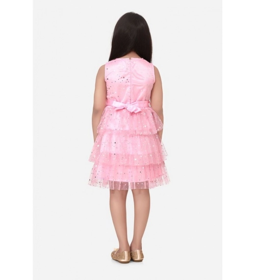 Generic Girl's Net Embellished Sleeveless Round Neck Dress (Pink)