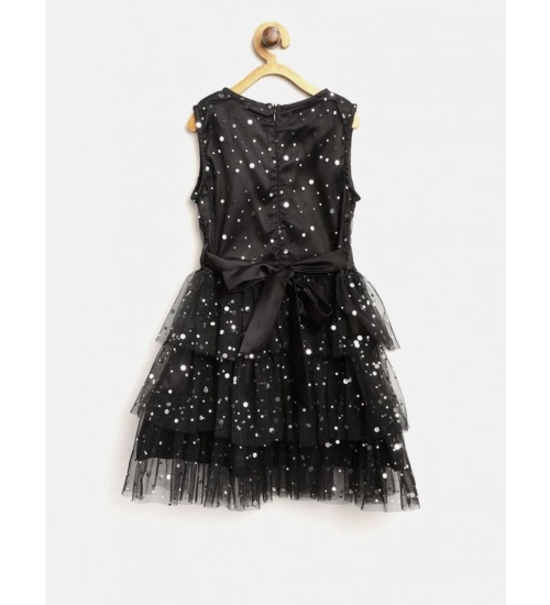 Generic Girl's Net Embellished Sleeveless V-Neck Dress (Black)