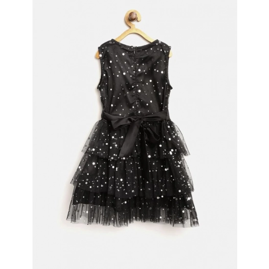 Generic Girl's Net Embellished Sleeveless V-Neck Dress (Black)