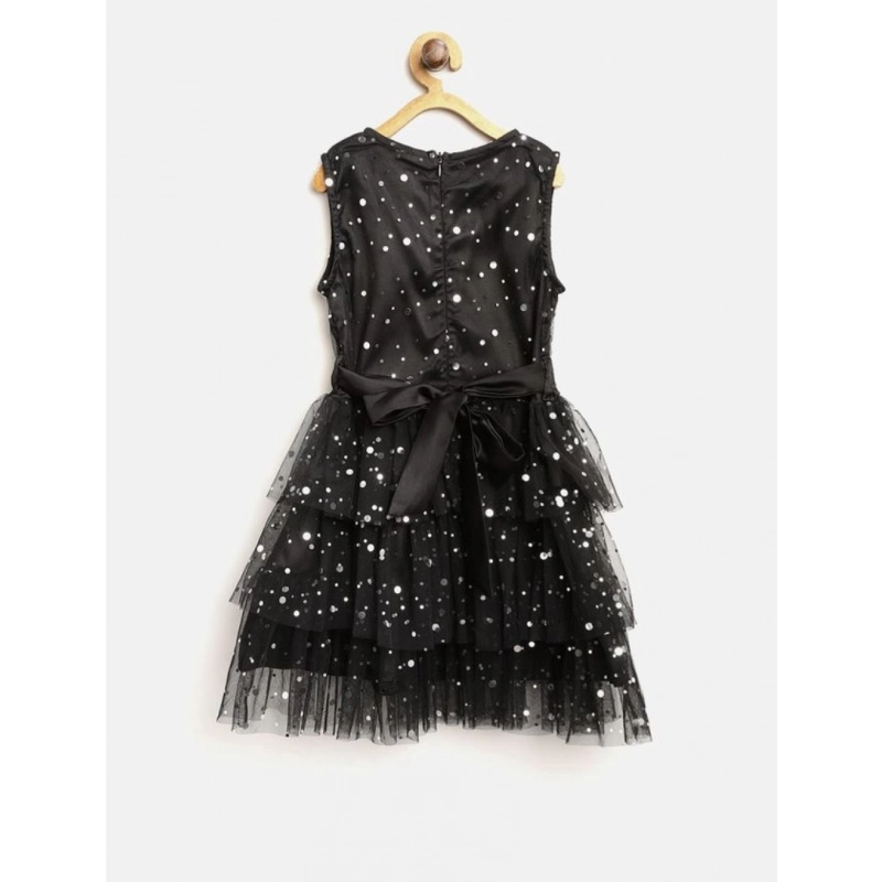 Girl's Net Embellished Sleeveless V-Neck Dress (Black)