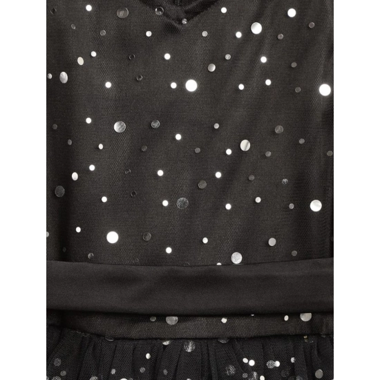 Generic Girl's Net Embellished Sleeveless V-Neck Dress (Black)