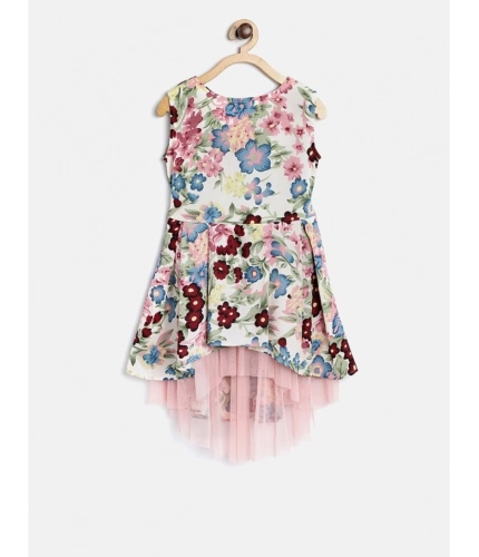 Generic Girl's Polyester Crepe Printed Short Sleeve Round Neck Dress (Multicolor)