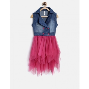 Generic Girl's Polyester Crepe-Net Solid Shoulder Straps Shirt collar Dress (Blue-Pink)