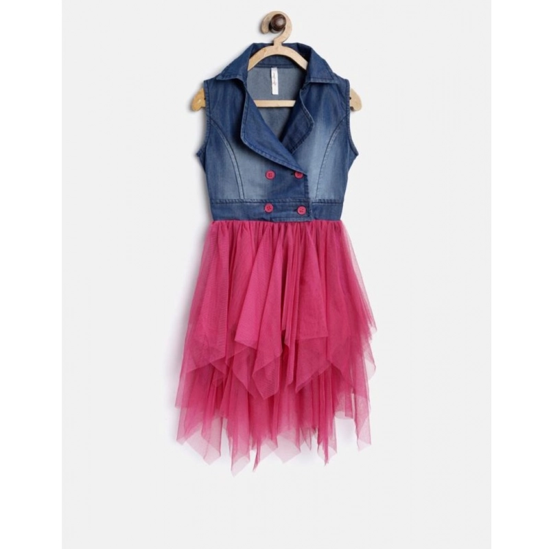 Girl's Polyester Crepe-Net Solid Shoulder Straps Shirt collar Dress (Blue-Pink)