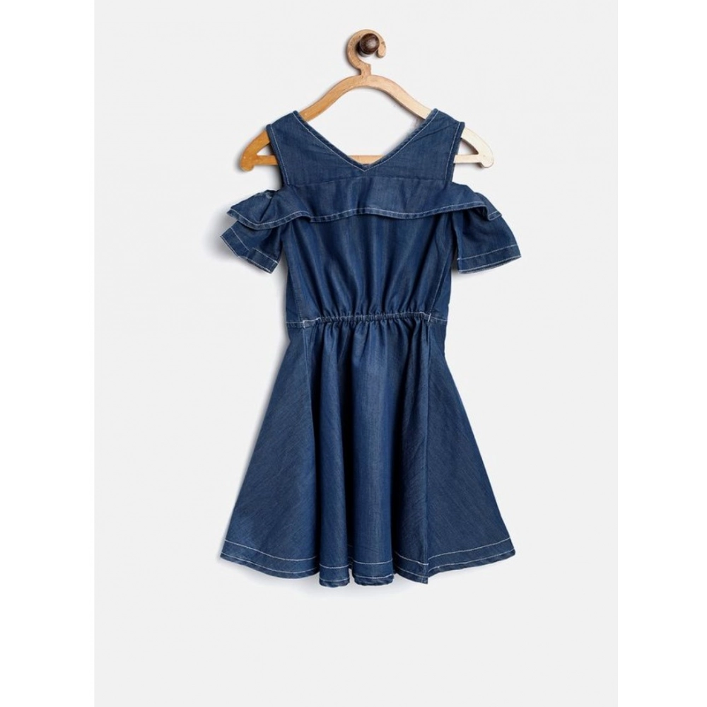 Generic Girl's Denim Floral Printed Bell Sleeve Halter Neck Dress (Blue) Generic Girl's Denim Floral Printed Bell Sleeve Halter Neck Dress (Blue)