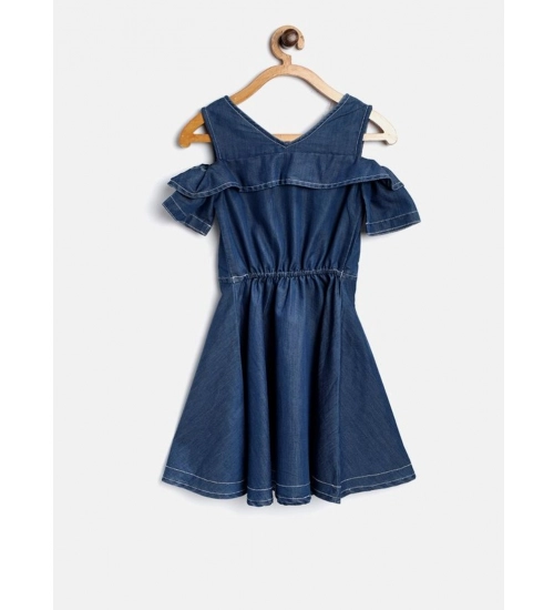 Generic Girl's Denim Floral Printed Bell Sleeve Halter Neck Dress (Blue)