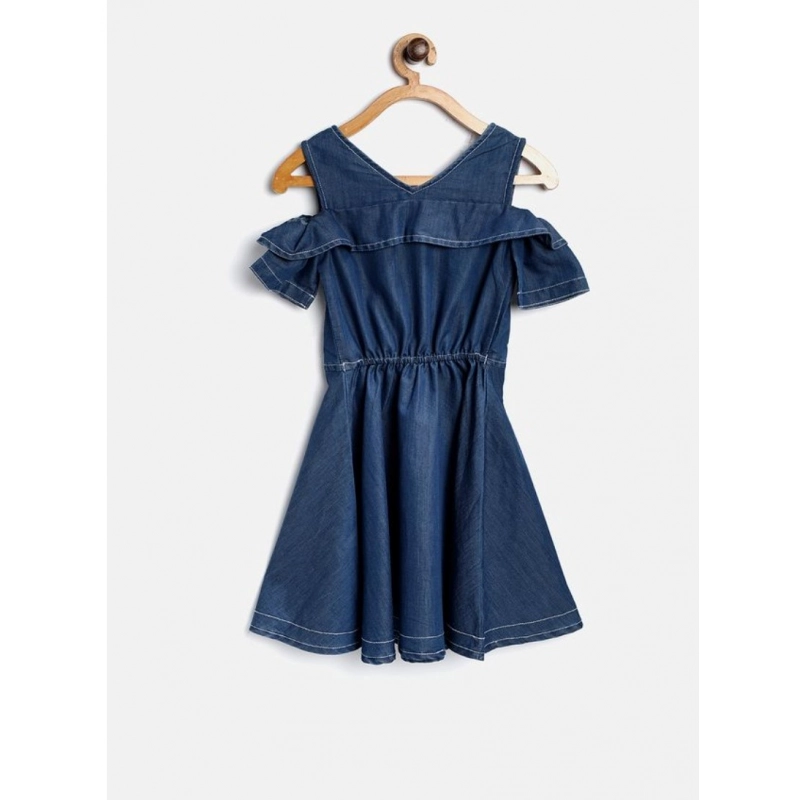 Girl's Denim Floral Printed Bell Sleeve Halter Neck Dress (Blue)