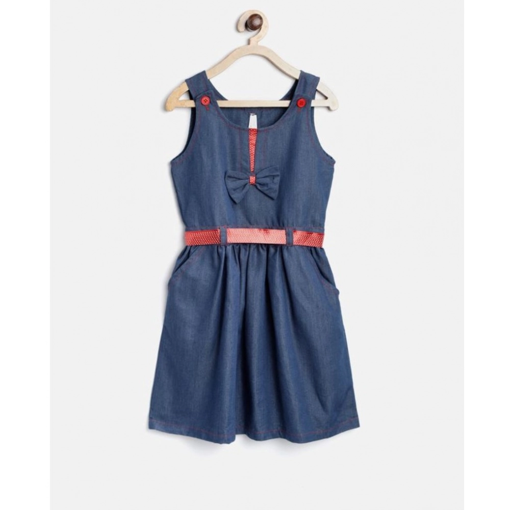 Generic Girl's Denim Solid Sleeveless Round Neck Dress (Blue) Generic Girl's Denim Solid Sleeveless Round Neck Dress (Blue)
