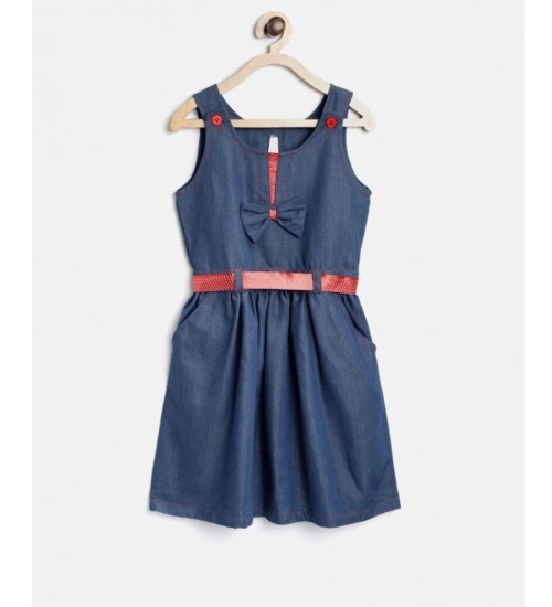 Generic Girl's Denim Solid Sleeveless Round Neck Dress (Blue)