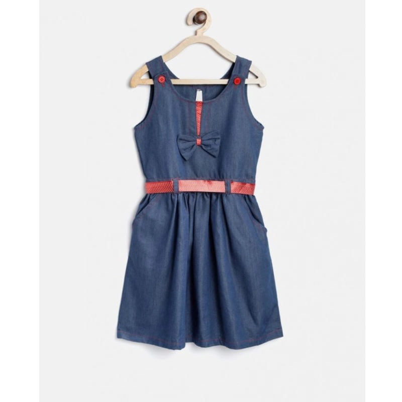 Girl's Denim Solid Sleeveless Round Neck Dress (Blue)