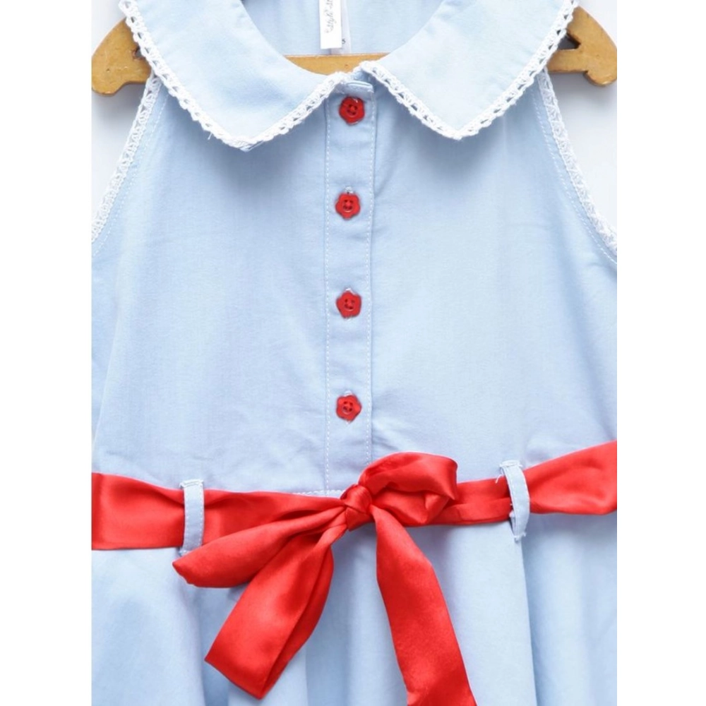 Generic Girl's Denim Lace Solid Sleeveless Shirt collar Dress (Light Blue)