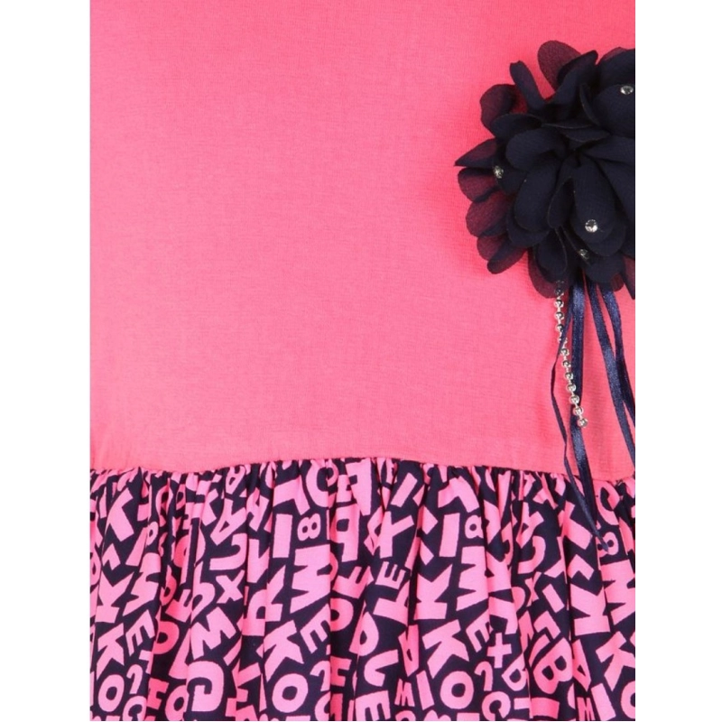 Girl's Polyester Crepe Embellished Short Sleeve Round Neck Dress (Pink)