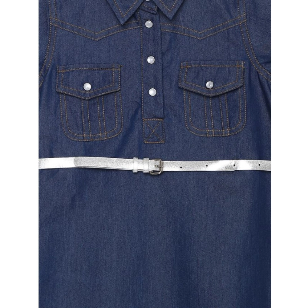 Generic Girl's Denim Solid Short Sleeve Shirt collar Dress (Blue)