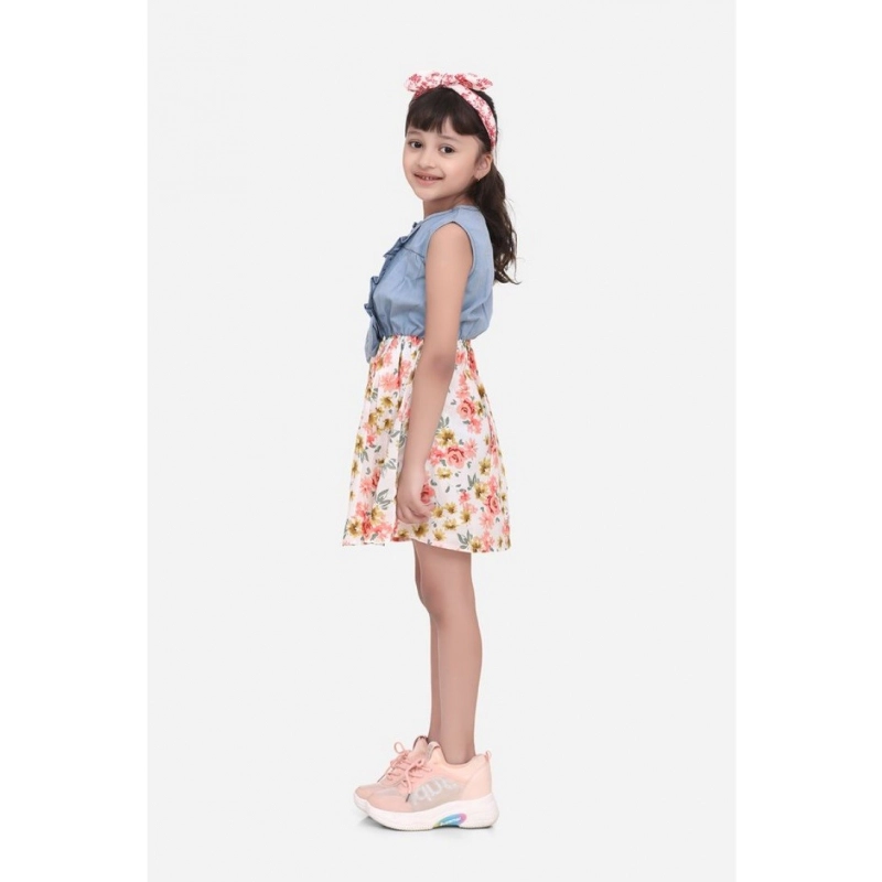 Girl's Denim-Cotton Floral Printed Sleeveless Round Neck Dress (Multicolor)