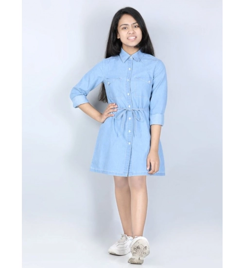 Generic Girl's Denim Solid Long Sleeve Shirt collar Dress (Blue)