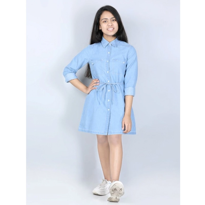 Girl's Denim Solid Long Sleeve Shirt collar Dress (Blue)