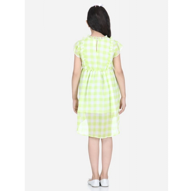 Girl's Polyester Chiffon Solid Short Sleeve Round Neck Dress (Lime Green)