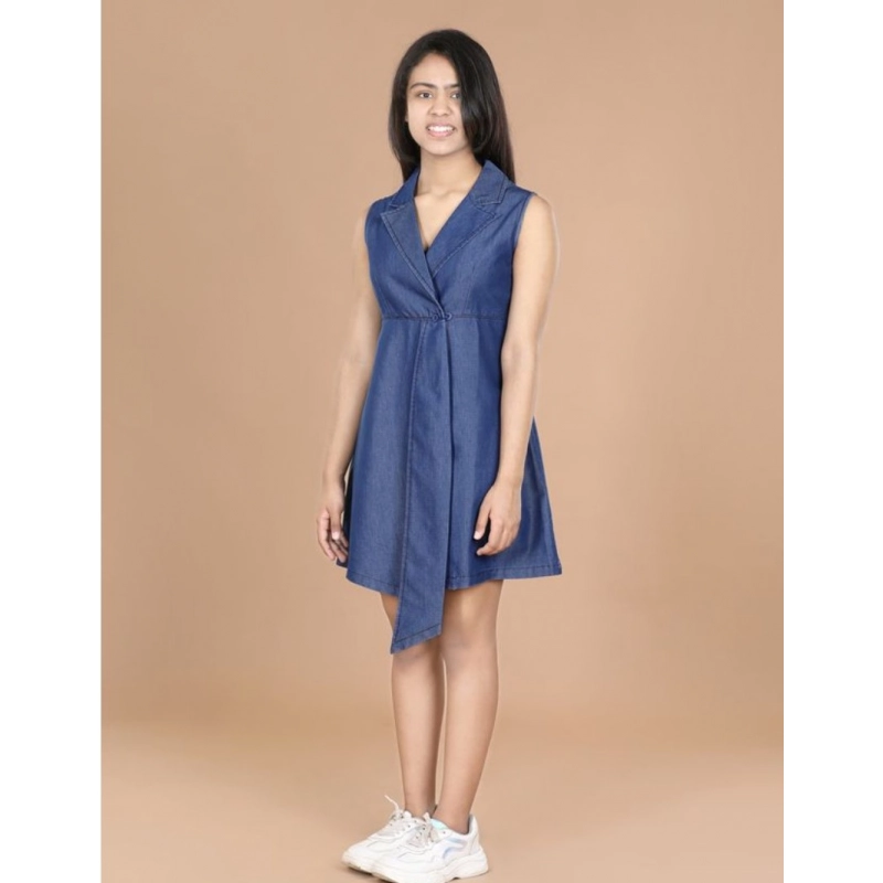 Girl's Denim Solid Sleeveless Shirt collar Dress (Blue)