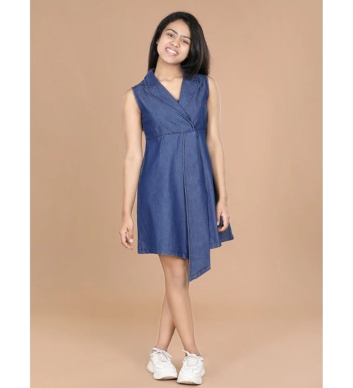 Generic Girl's Denim Solid Sleeveless Shirt collar Dress (Blue)