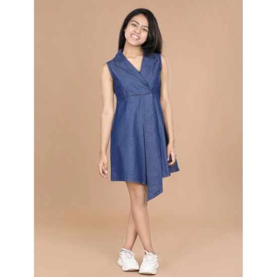 Generic Girl's Denim Solid Sleeveless Shirt collar Dress (Blue)