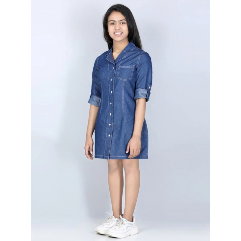 Girl's Denim Solid Long Sleeve Shirt collar Dress (Blue) Girl's Denim Solid Long Sleeve Shirt collar Dress (Blue)