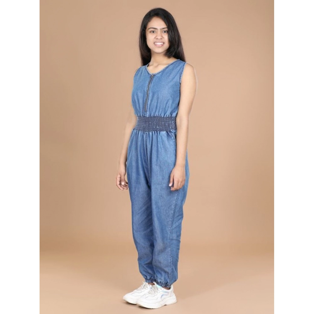 Generic Girl's Denim Solid Shoulder Straps V-Neck Dress (Blue) Generic Girl's Denim Solid Shoulder Straps V-Neck Dress (Blue)