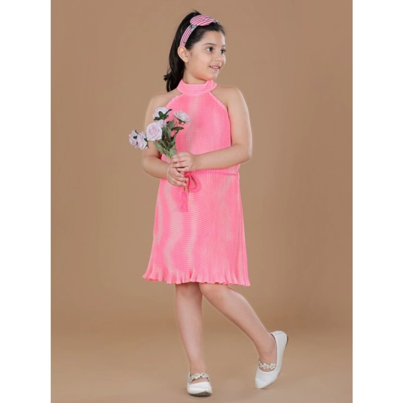 Girl's Polyester Crepe Printed Sleeveless Round Neck Dress (Pink)