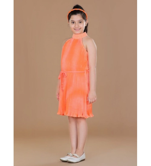 Generic Girl's Polyester Crepe Printed Sleeveless Round Neck Dress (Orange)