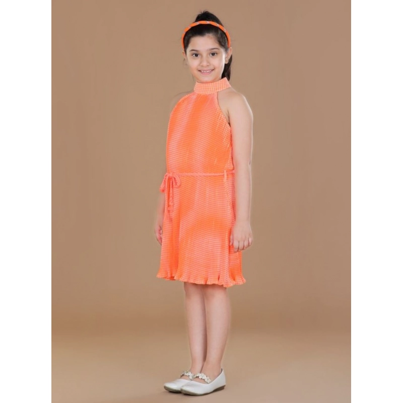 Girl's Polyester Crepe Printed Sleeveless Round Neck Dress (Orange)