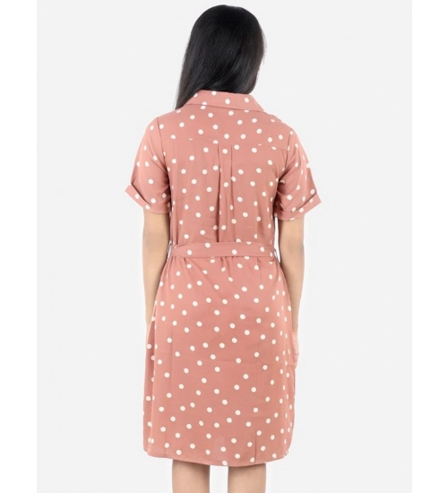 Generic Girl's Polyester Printed Short Sleeve Shirt collar Dress (Brown)