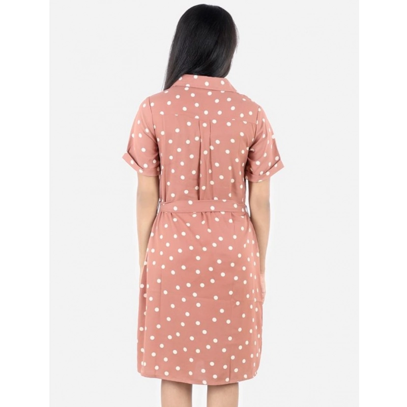 Girl's Polyester Printed Short Sleeve Shirt collar Dress (Brown)