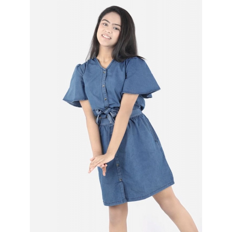Girl's Denim Solid Short Sleeve V-Neck Dress (Blue)