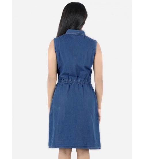 Generic Girl's Denim Solid Sleeveless Shirt collar Dress (Blue)