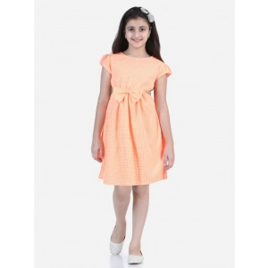 Generic Girl's Polyester Crepe Checkered Short Sleeve Round Neck Dress (Orange)