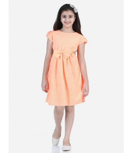 Generic Girl's Polyester Crepe Checkered Short Sleeve Round Neck Dress (Orange)