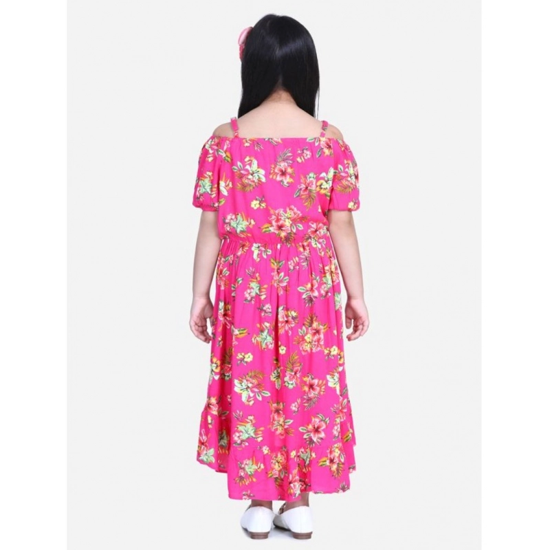 Girl's Rayon Solid Short Sleeve Shoulder Straps Dress (Pink)