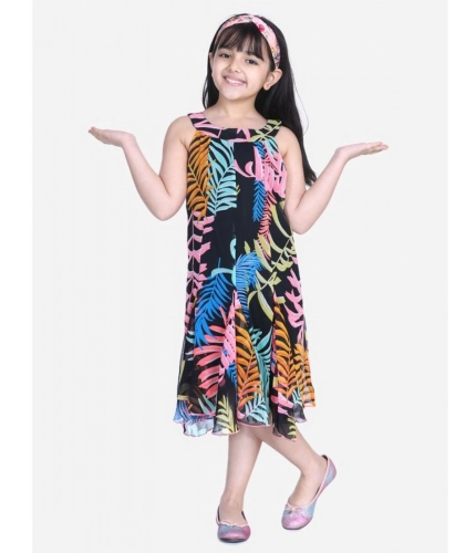 Generic Girl's Polyester Crepe Floral Printed Sleeveless Round Neck Dress (Multicolor)