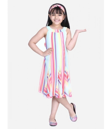 Generic Girl's Polyester Crepe Striped Sleeveless Round Neck Dress (Multicolor)