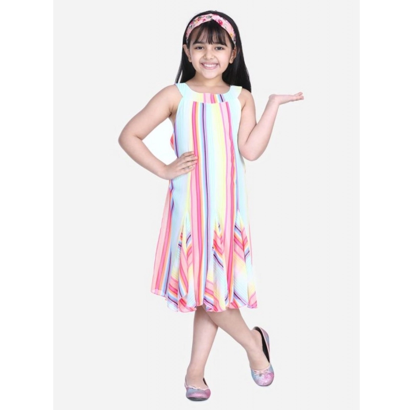Girl's Polyester Crepe Striped Sleeveless Round Neck Dress (Multicolor)