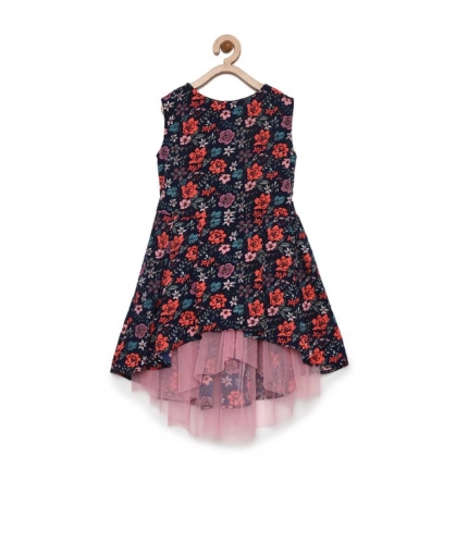 Generic Girl's Polyester Crepe Embellished Sleeveless Round Neck Dress (Multicolor)