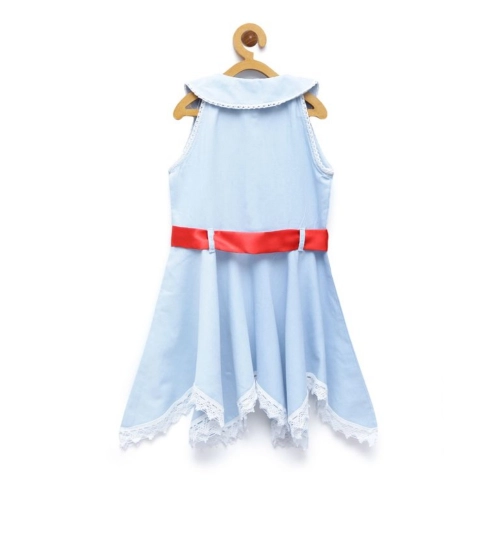 Generic Girl's Denim Lace Solid Sleeveless Shirt collar Dress (Light Blue)