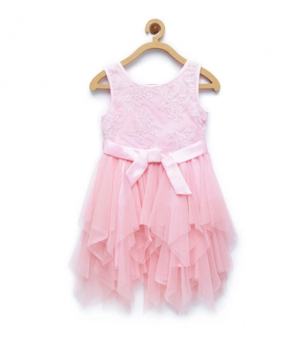 Generic Girl's Polyester  Net Floral Printed Sleeveless Round Neck Dress (Light Pink)