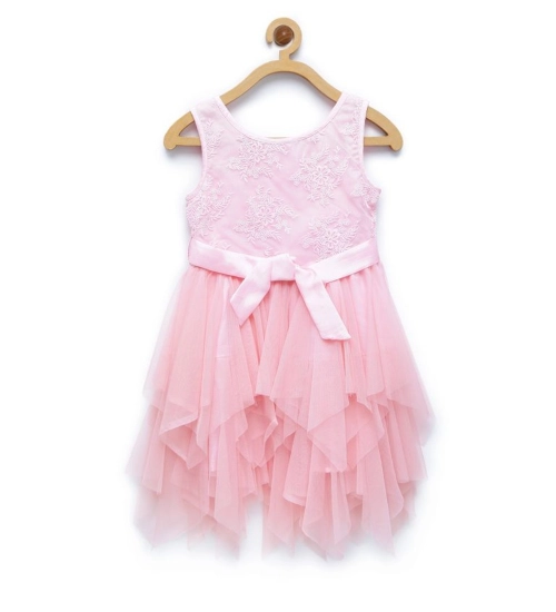 Generic Girl's Polyester  Net Floral Printed Sleeveless Round Neck Dress (Light Pink)