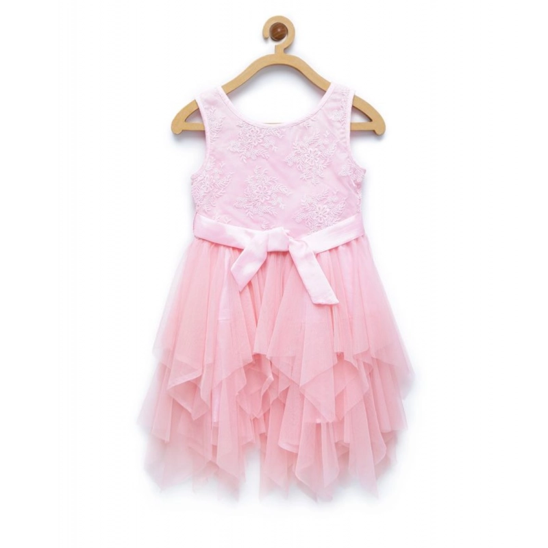 Girl's Polyester  Net Floral Printed Sleeveless Round Neck Dress (Light Pink)