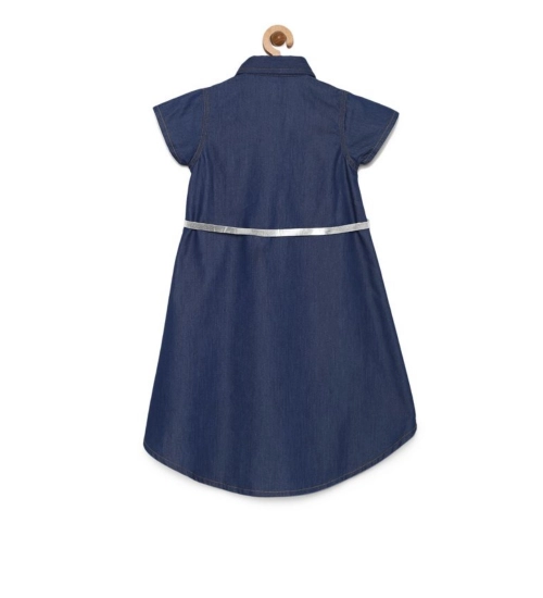 Generic Girl's Denim Solid Short Sleeve Shirt collar Dress (Blue)